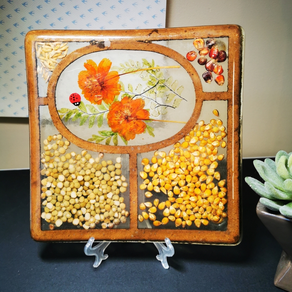 Vintage Acrylic Dried Flowers and Veggies Trivet